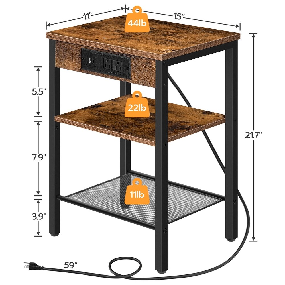 End Table Set of 2 with Charging Station and USB Ports  3 Tier Nightstands with Adjustable Shelf  Narrow Side Table