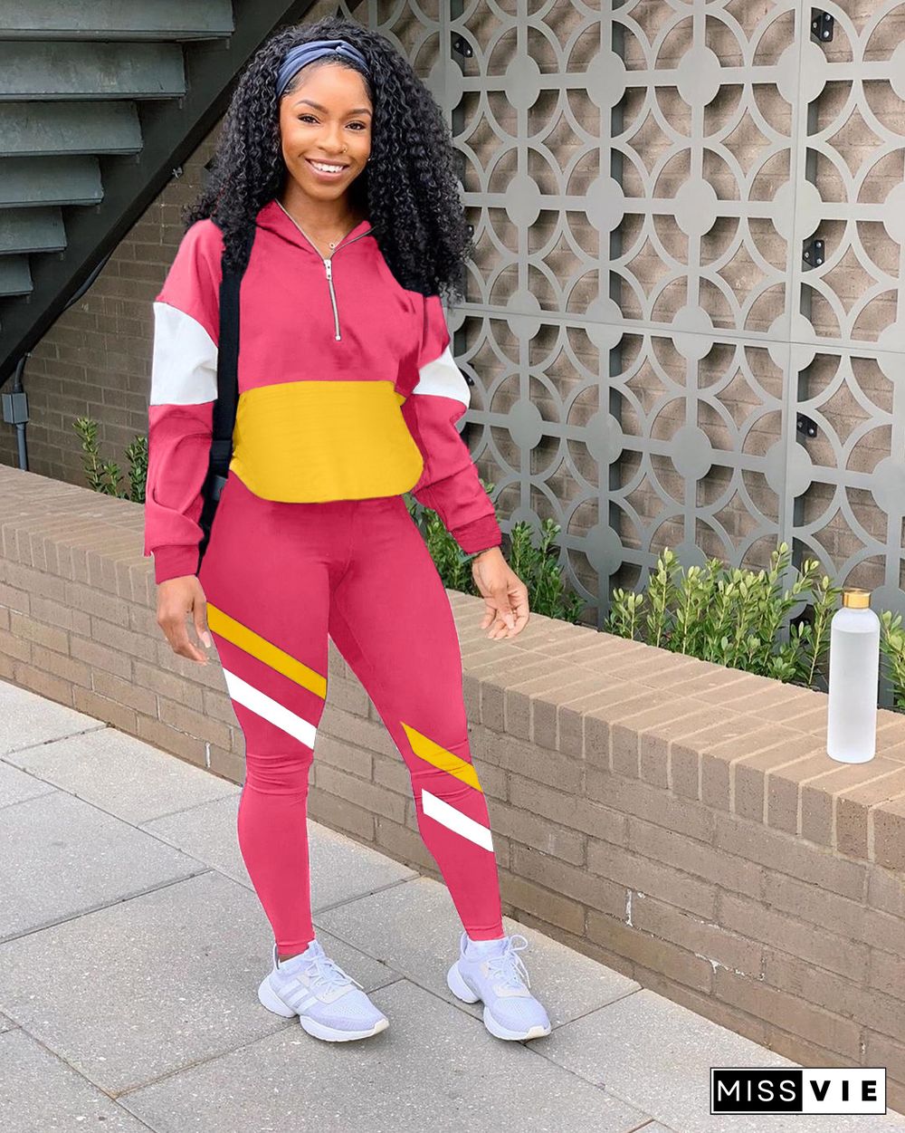 Fashion Color Spliced Hoodie Sport Pants Two-piece Set