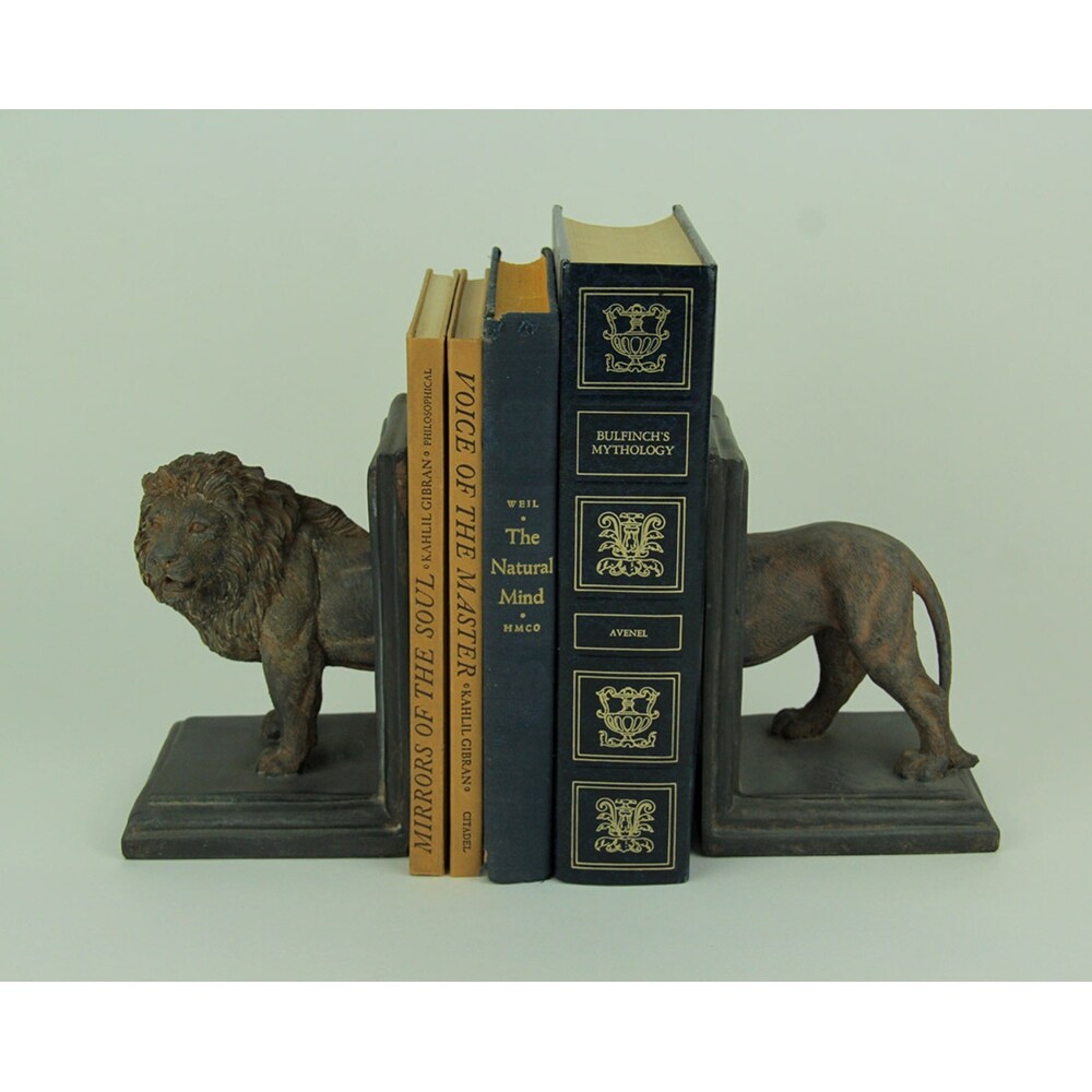 Antique Stone Finish Lion Top And Tail Bookend Set   6.5 X 4.25 X 4 inches