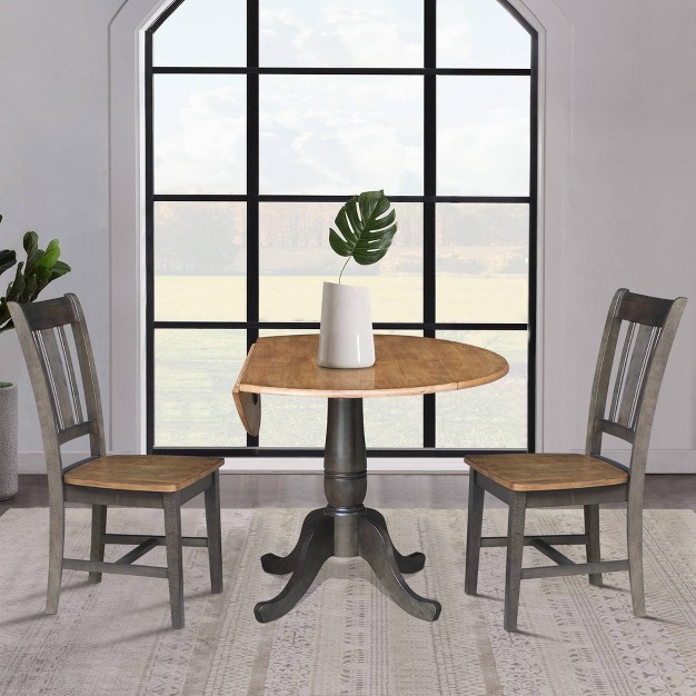 Jordan Round Dual Drop Leaf Dining Table With 2 Splat Back Chairs Hickory washed Coal International Concepts