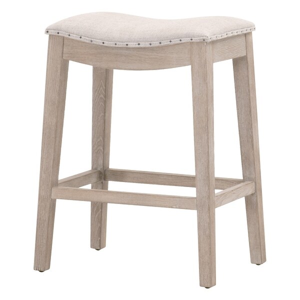 27 Inch Coastal Counter Height Wood Stool， Nailhead Trim Fabric Seat， Gray