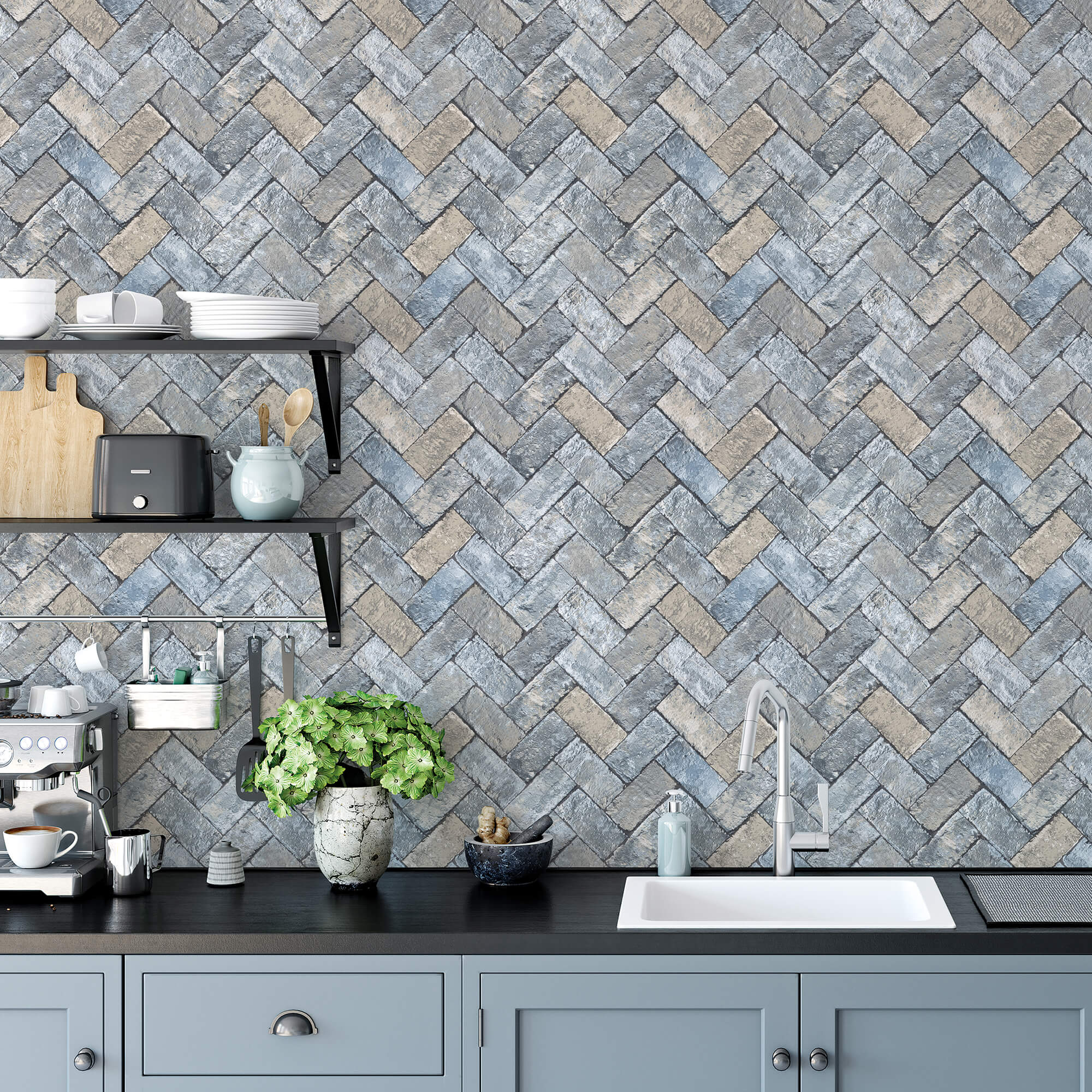 Herringbone Brick Blues/Taupe Wallpaper from the Just Kitchens Collection