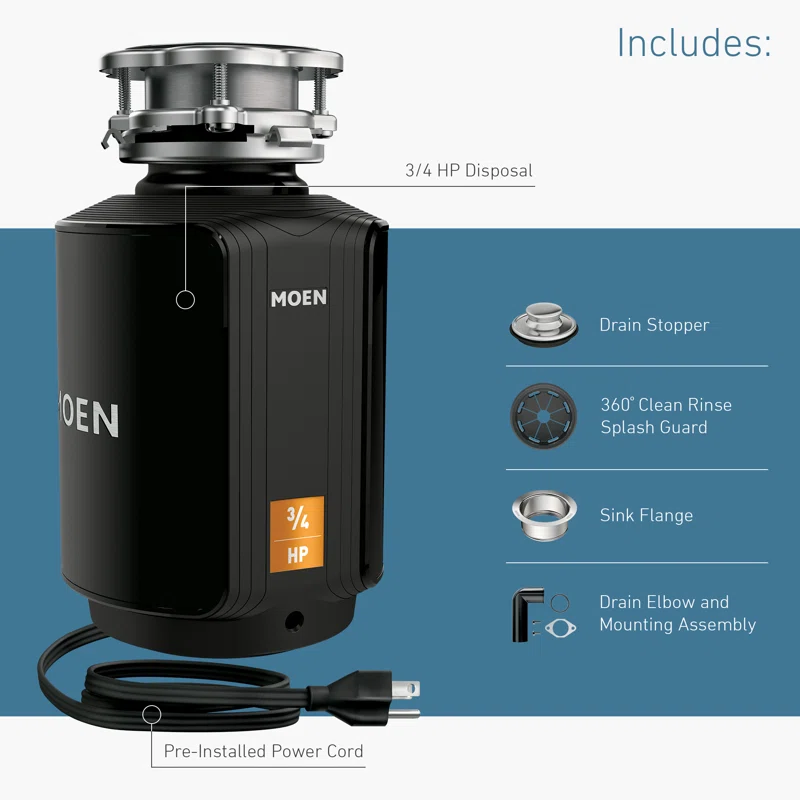 MOEN GXS75C Host Series 3/4 HP Space Saving Continuous Feed Garbage Disposal with Sound Reduction and Universal Mount