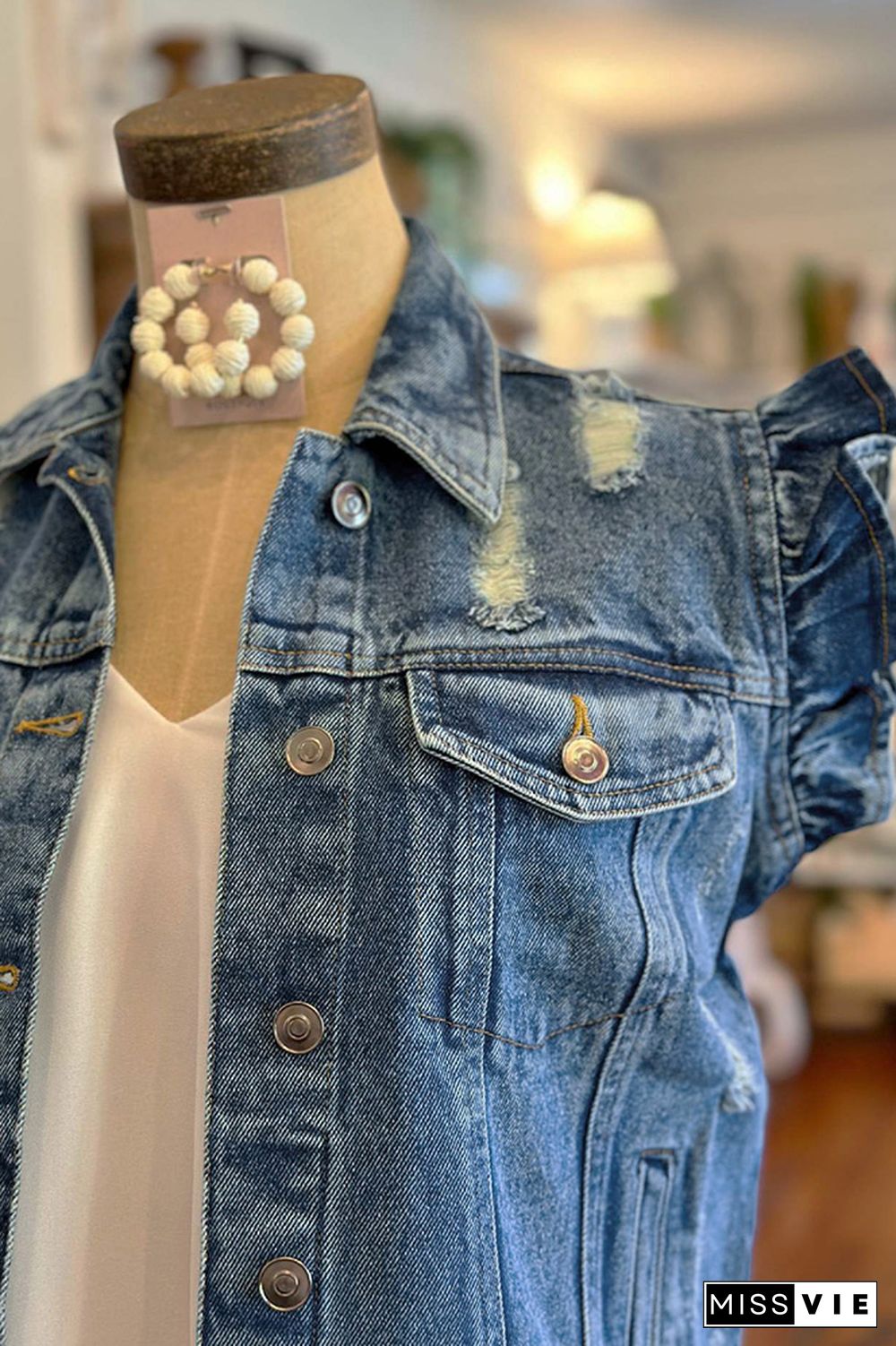 Ripped Button Up Ruffle Denim Jacket