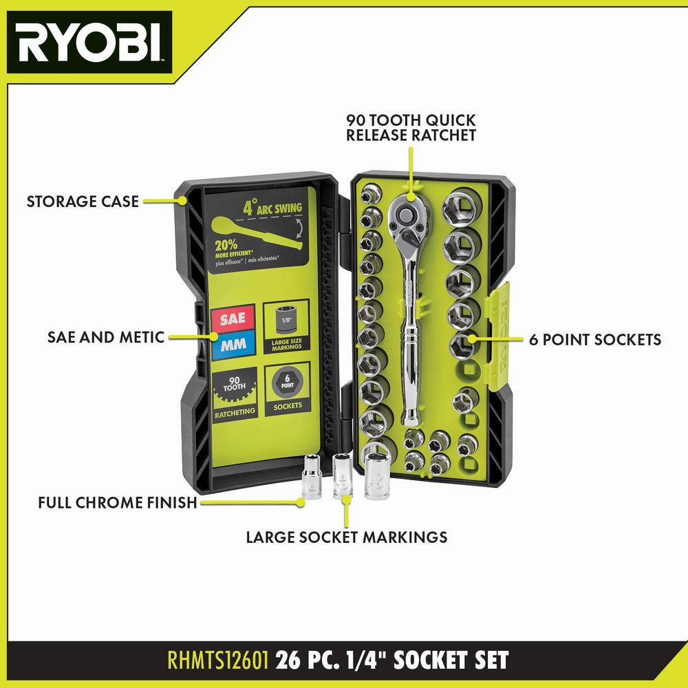 RYOBI 26-Piece 14 in. Drive Ratchet and Socket Set RHMTS12601