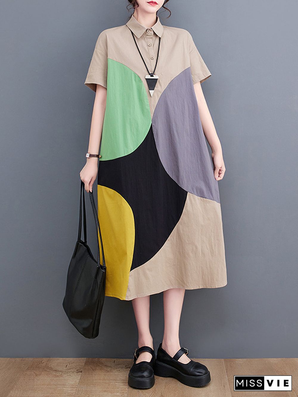 Loose Oversize Color-Block Contrast Color Split-Joint Lapel Midi Dresses Shirt Dress