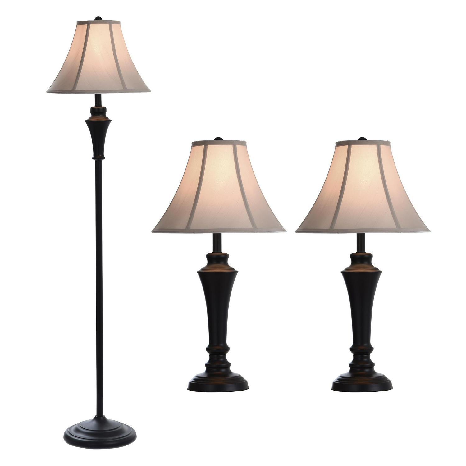 Floor Lamp/Table Lamp  Bronze Wood Finish  Geneva Taupe Fabric Shade  Set Of 3: 2 Table， 1 Floor