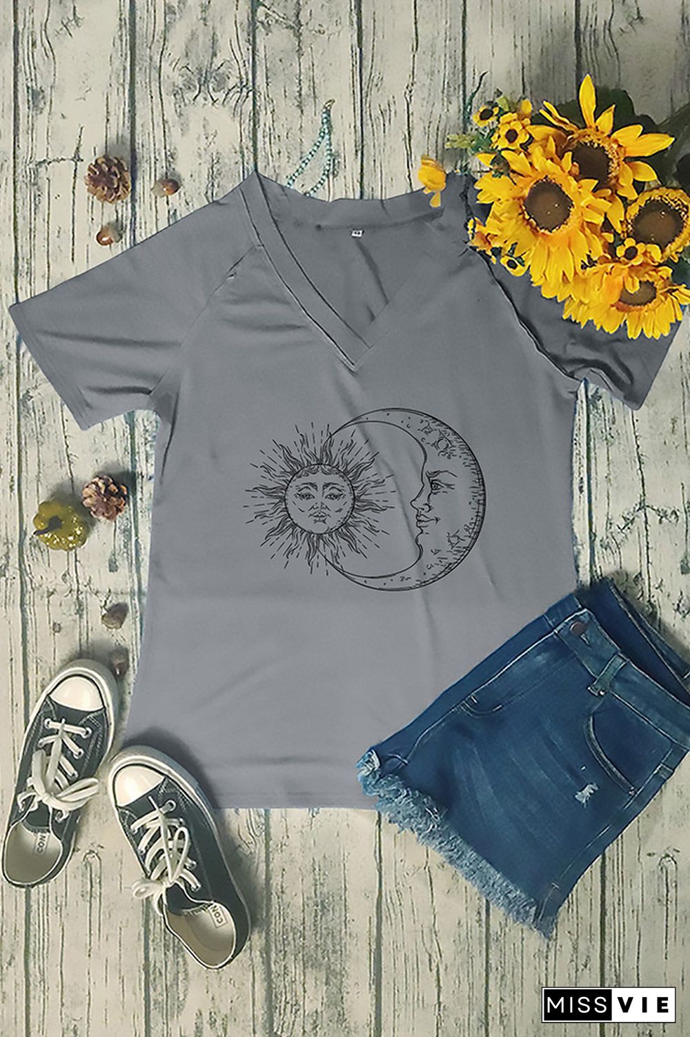 Sun And Moon Print V Neck Graphic Tee