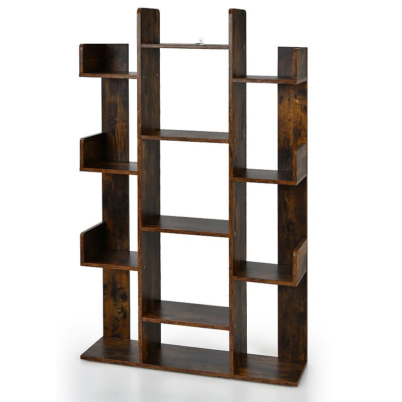 Tree-Shaped Bookshelf with 13 Compartments-Rustic Brown