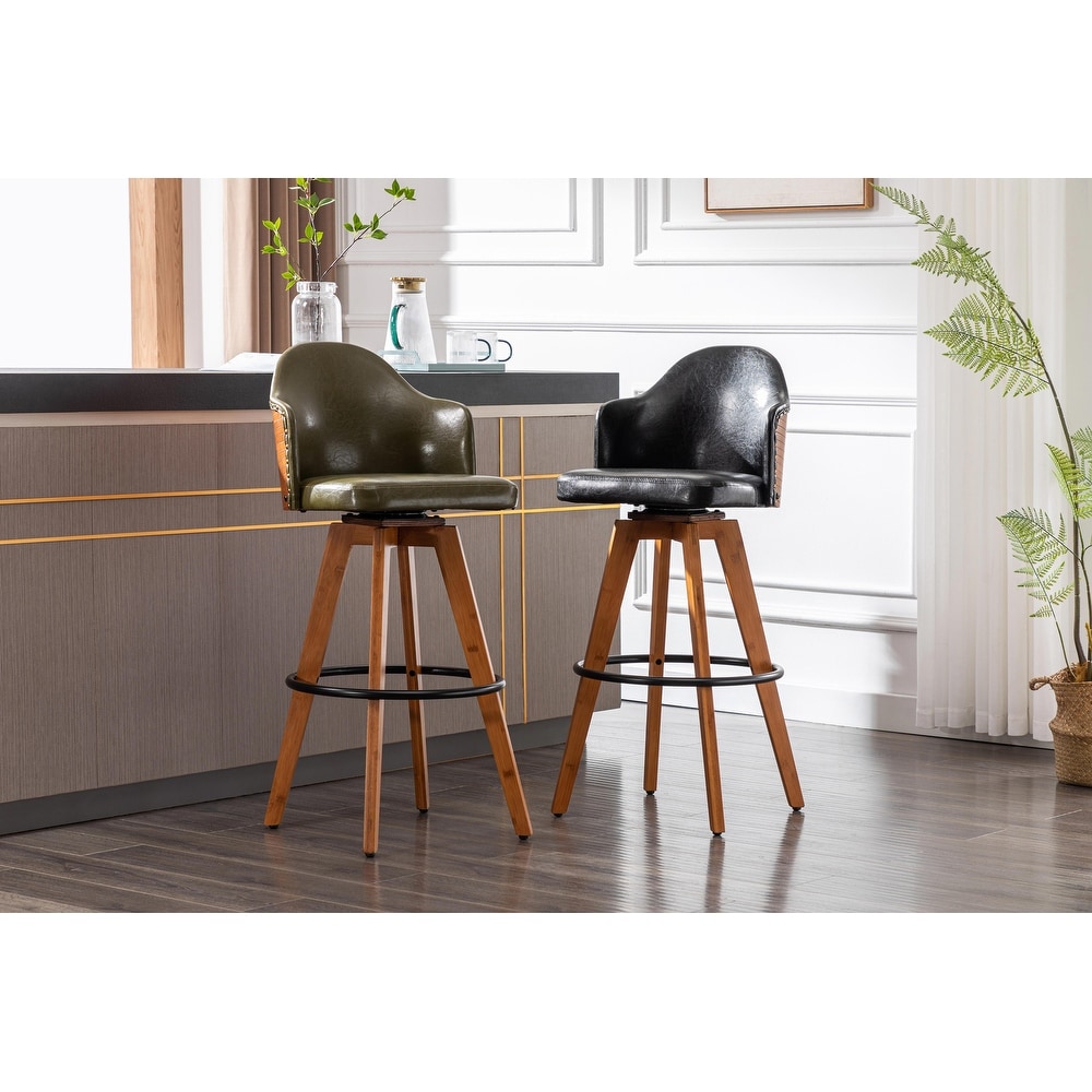 Porthos Home Idan Swivel Bar Stool  PU Leather Upholstery  Bamboo Legs