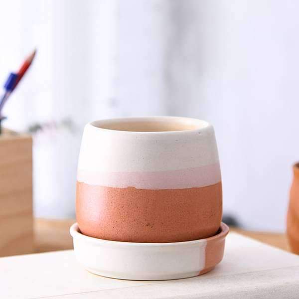 2.8 inch (7 cm) CP009 Jar Shape Round Ceramic Pot With Plate (White, Light Peach) (set of 2)