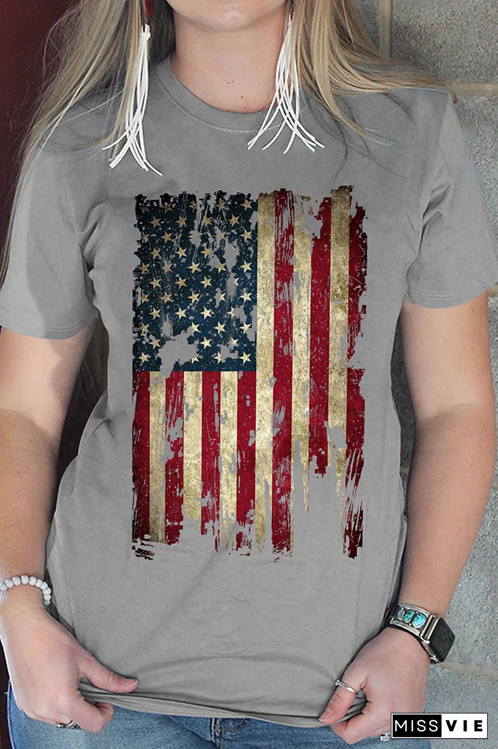 America Flag Print Graphic Tees for Women Wholesale Short Sleeve T shirts Top