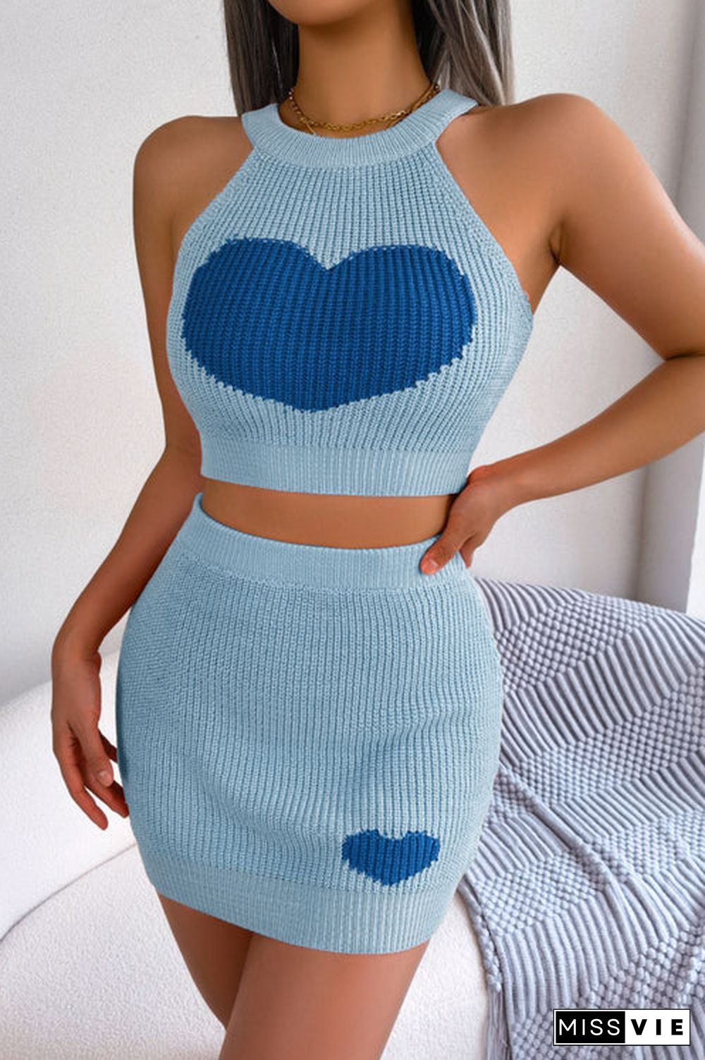 Heart Contrast Ribbed Sleeveless Knit Top and Skirt Set