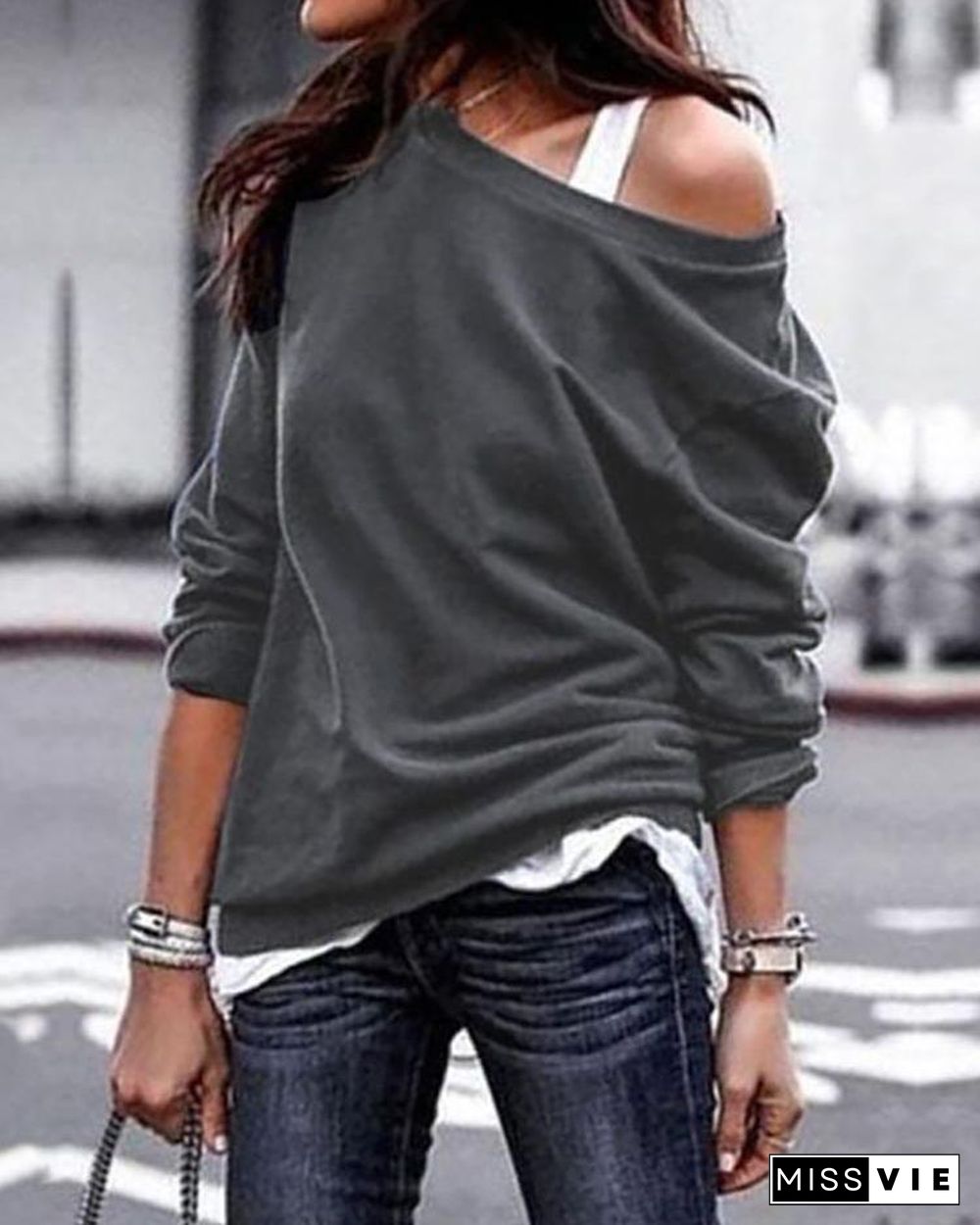 Solid Skew Neck Long Sleeve Casual T-Shirt P15279