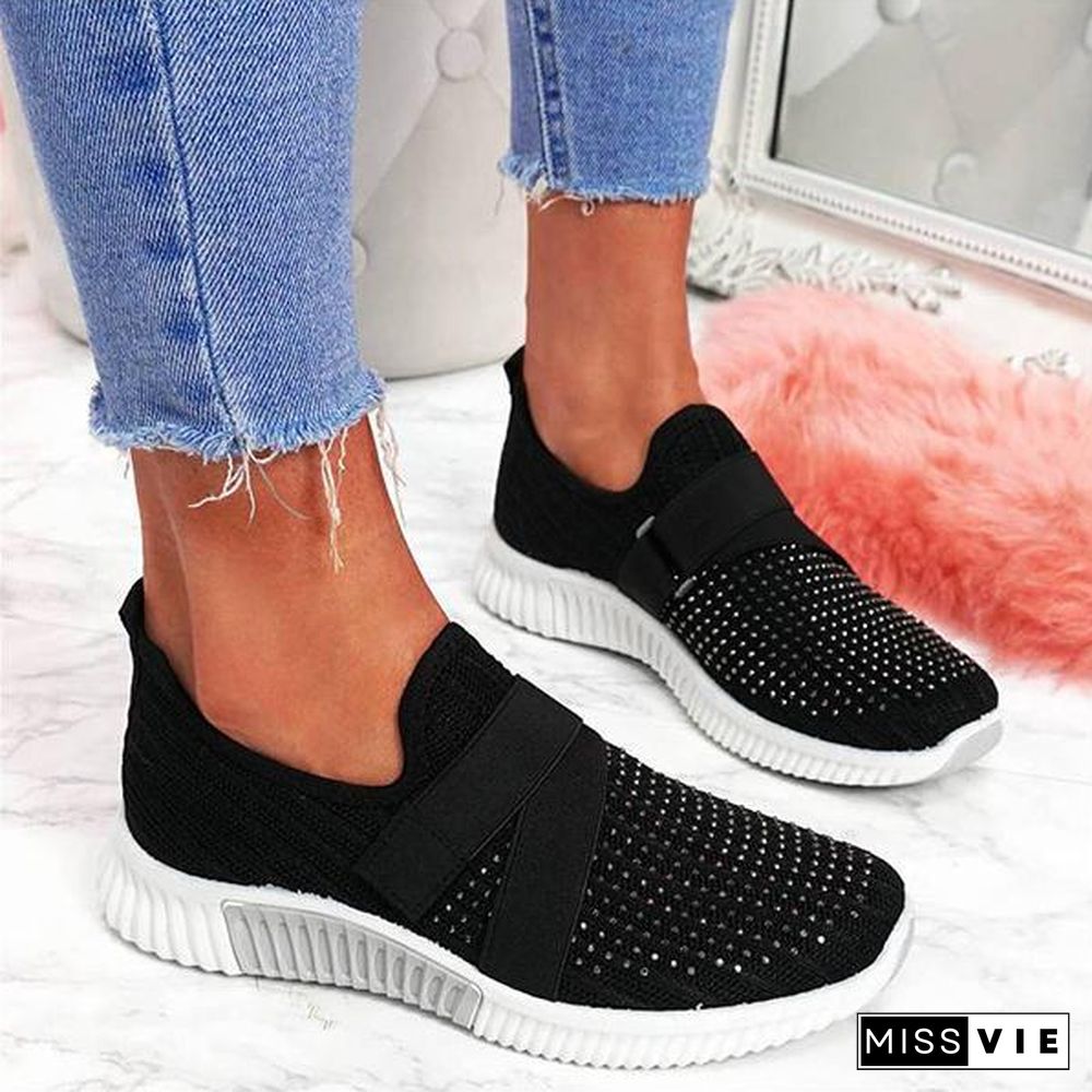 Women Fashion Bling Rhinestones Flyknit Fabric Slip On Breathable Platform Sneakers