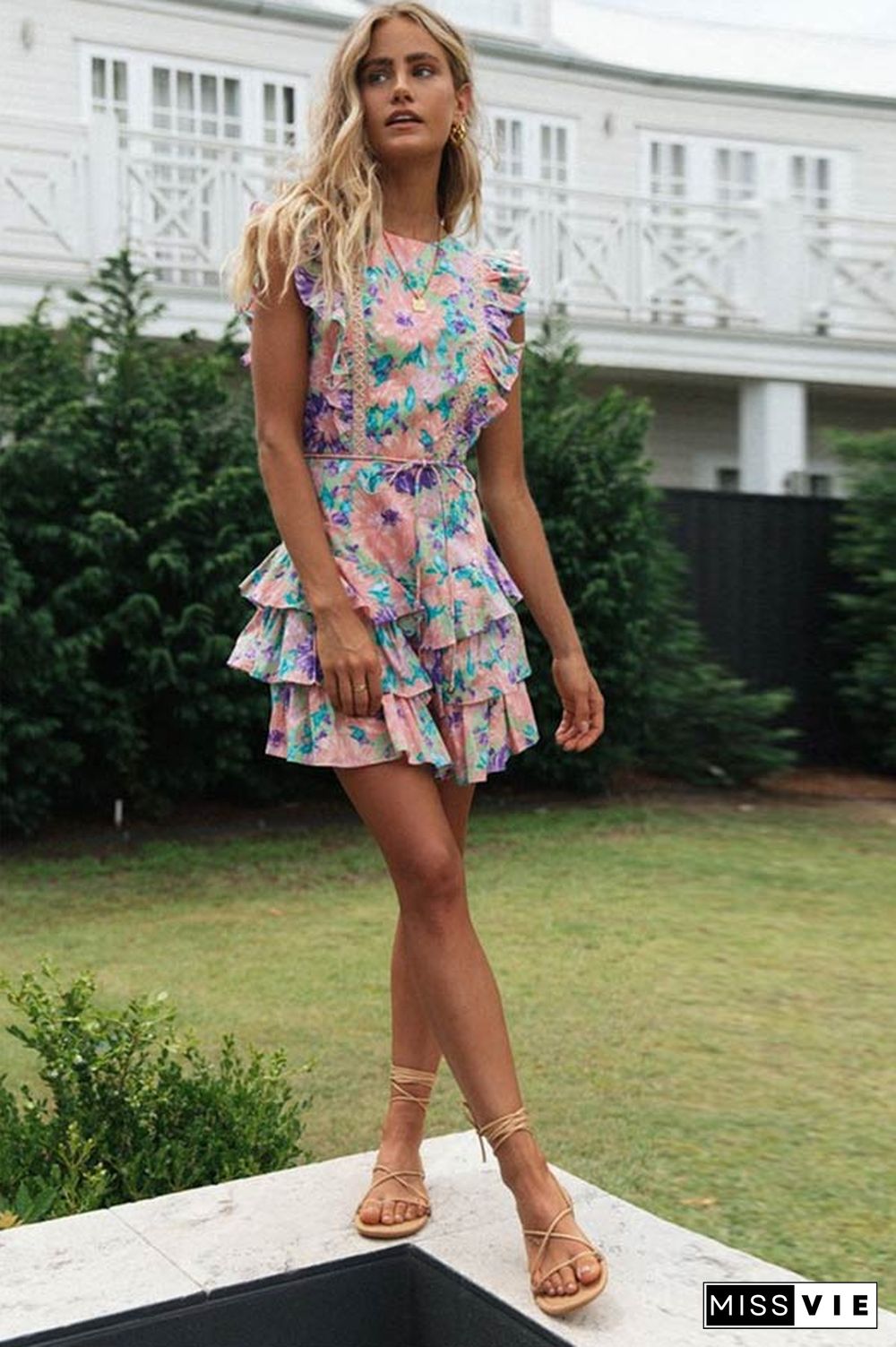 Sexy Floral Print Ruffle Backless Dress