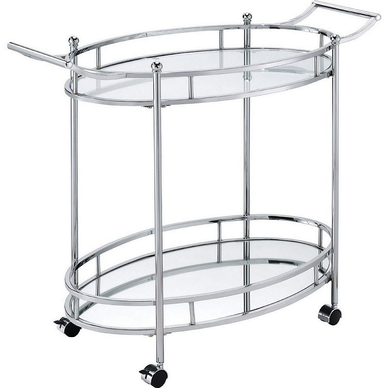 Serving Cart with Tubular Frame and 2 Tier Glass Shelves， Chrome