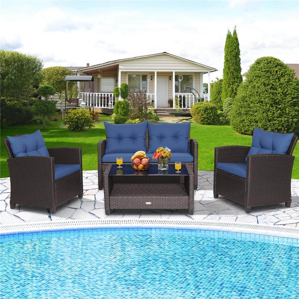 Costway 4 -Piece Patio Rattan Furniture Set Glass Table Shelf Sofa Cushion Navy HW66742NY+