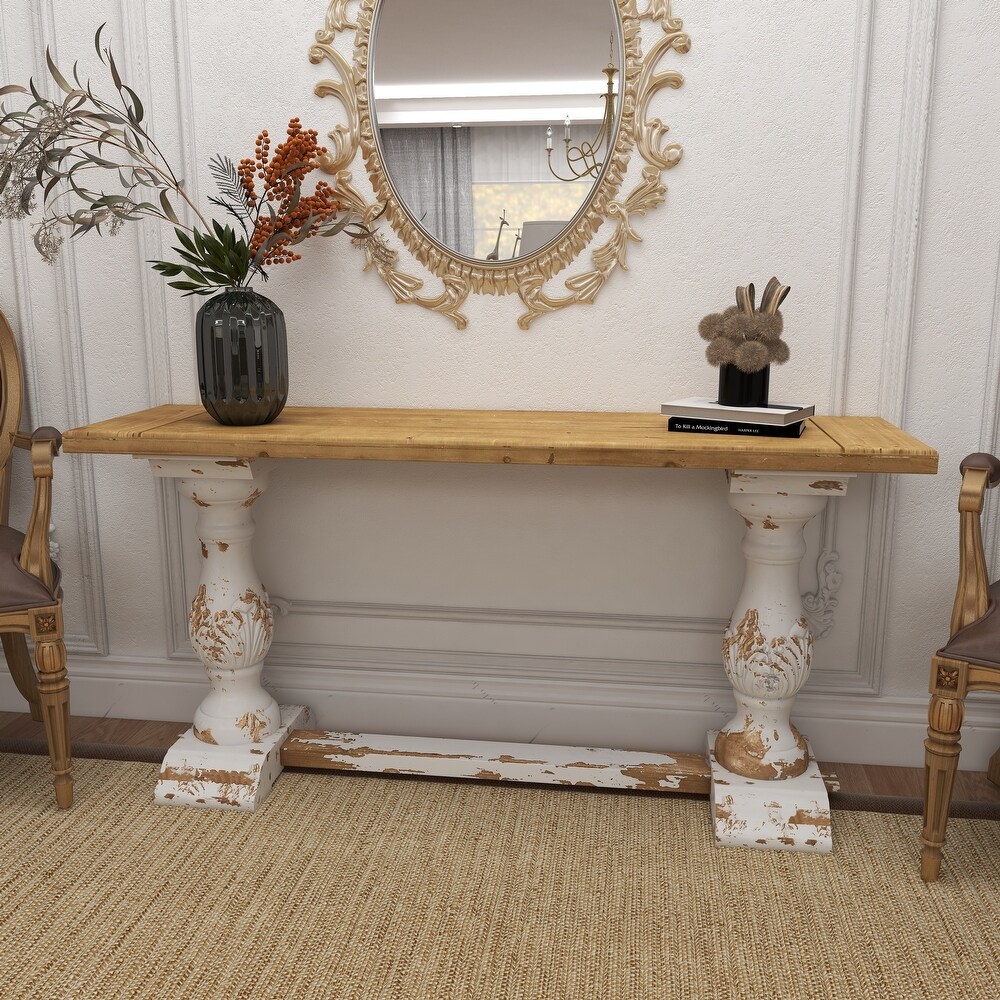 White Wood Distressed Console Table with Brown Wood Top   59 x 16 x 29