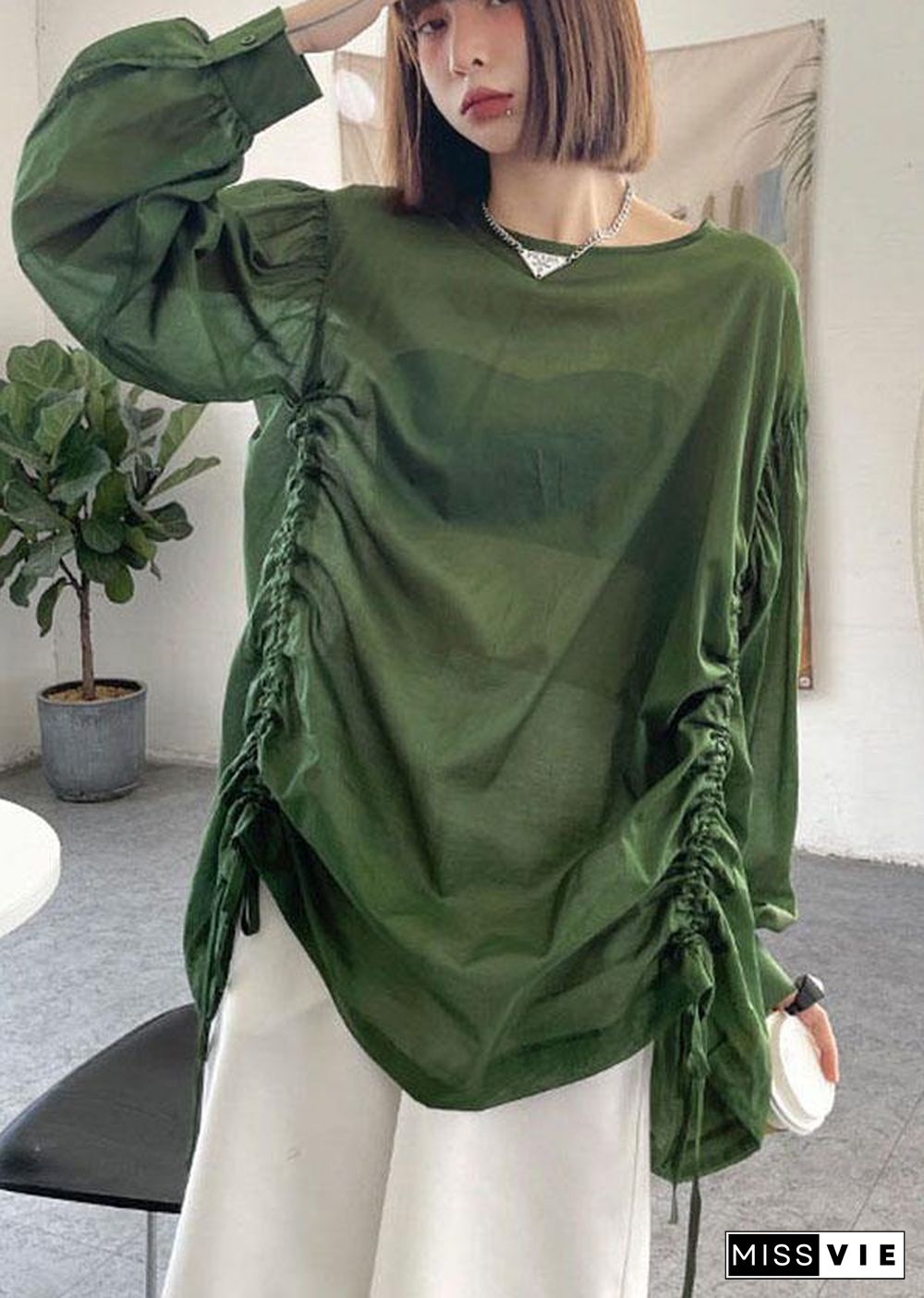 French Green Cinched Long sleeve shirts