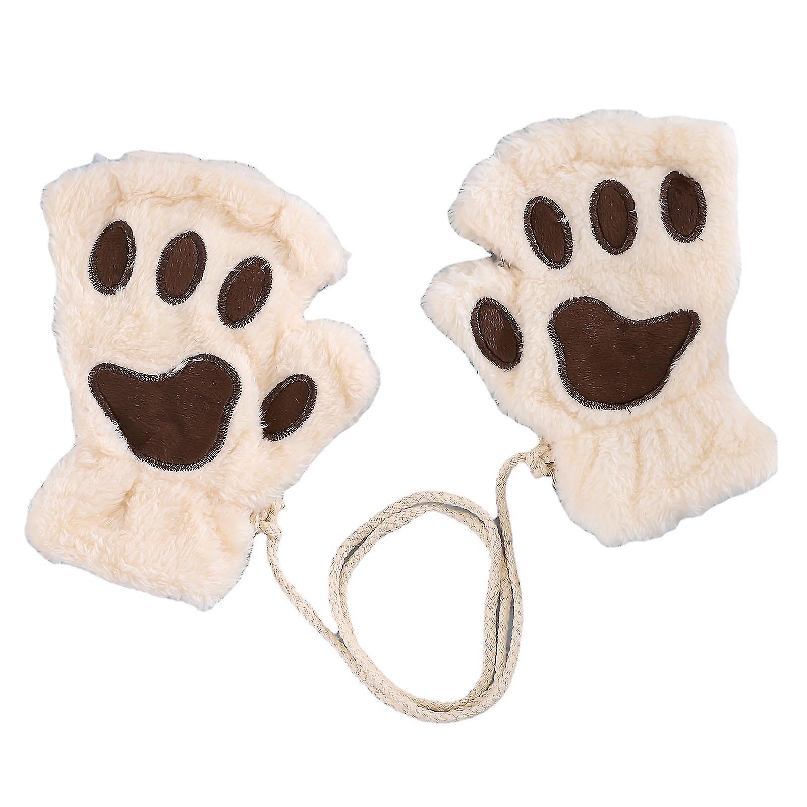 Women Girls Bear Faux Fur Soft Plush Cat Paw Claw Glove Fingerless Gloves Mitten Soft Winter Gloves Coral Fleece Mittens Beige1pair)