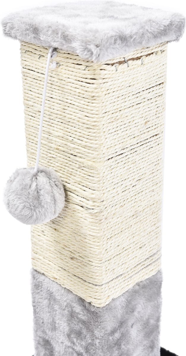 Cat Craft Plush and Sisal Square Cat Scratching Post with Plush Hanging Cat Toy， Gray/Natural， Small