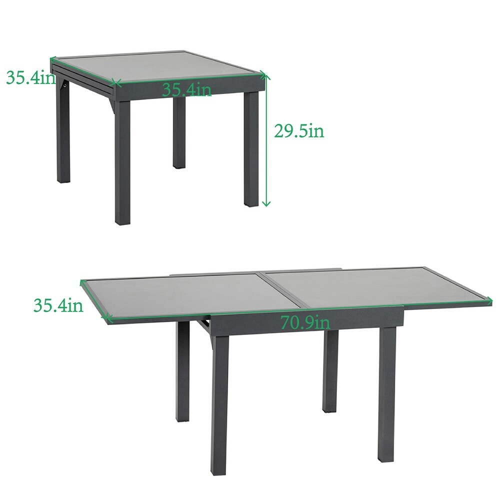 VredHom Outdoor Tempered Glass Top Aluminum Extendable Dining Table   35.4 in W x 35.4 70.9 in L x 29.5 in H