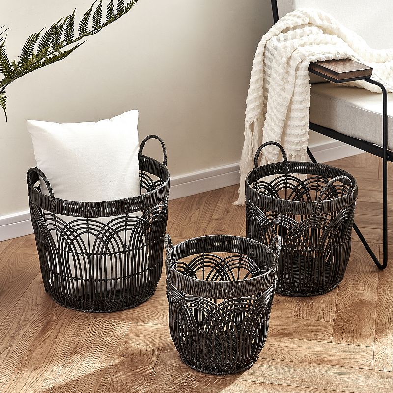 Saddle River Round Faux Wicker Decorative Basket 3-piece Set