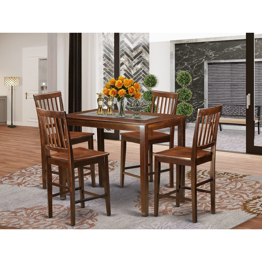 East West Furniture 5 Piece Counter Height Dining Set  a Dinette Table and 4 Chairs  Mahogany(Seat Type Option)