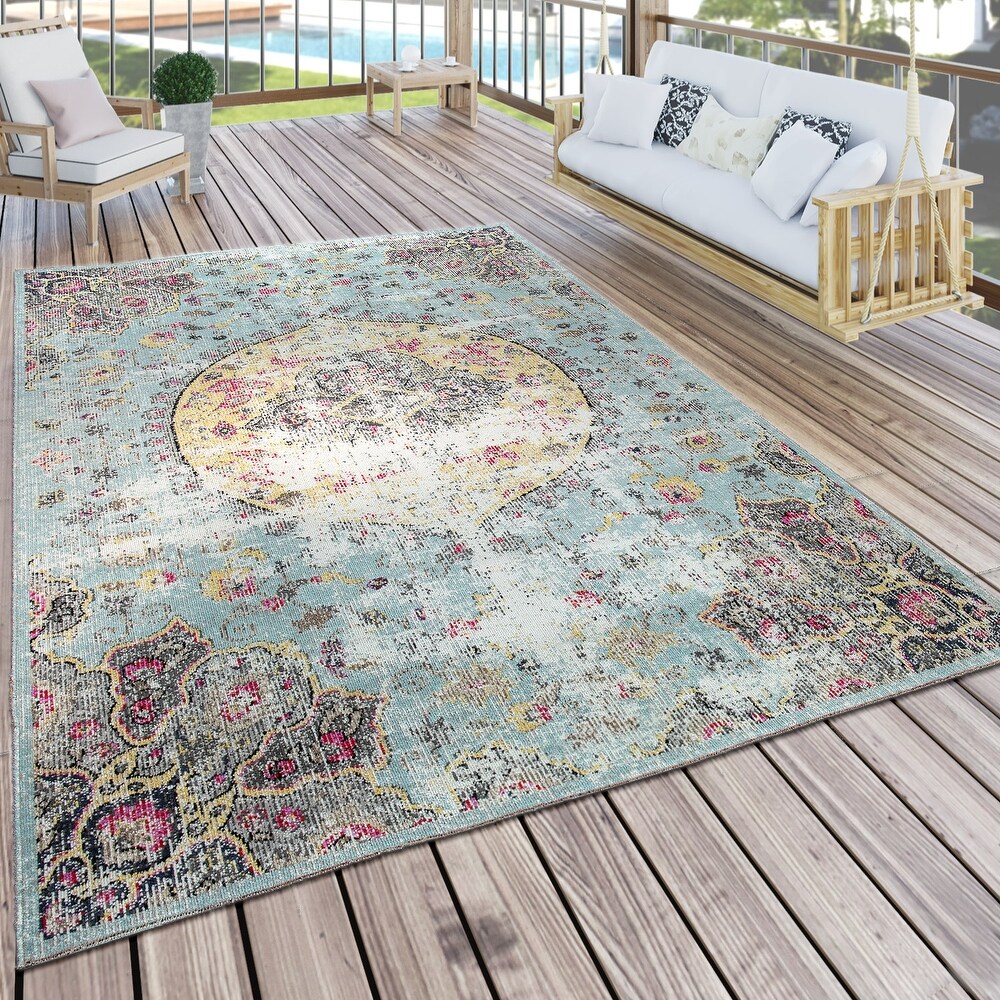 Indoor   Outdoor Rug Oriental Design in Turquoise Pink Yellow Pastel