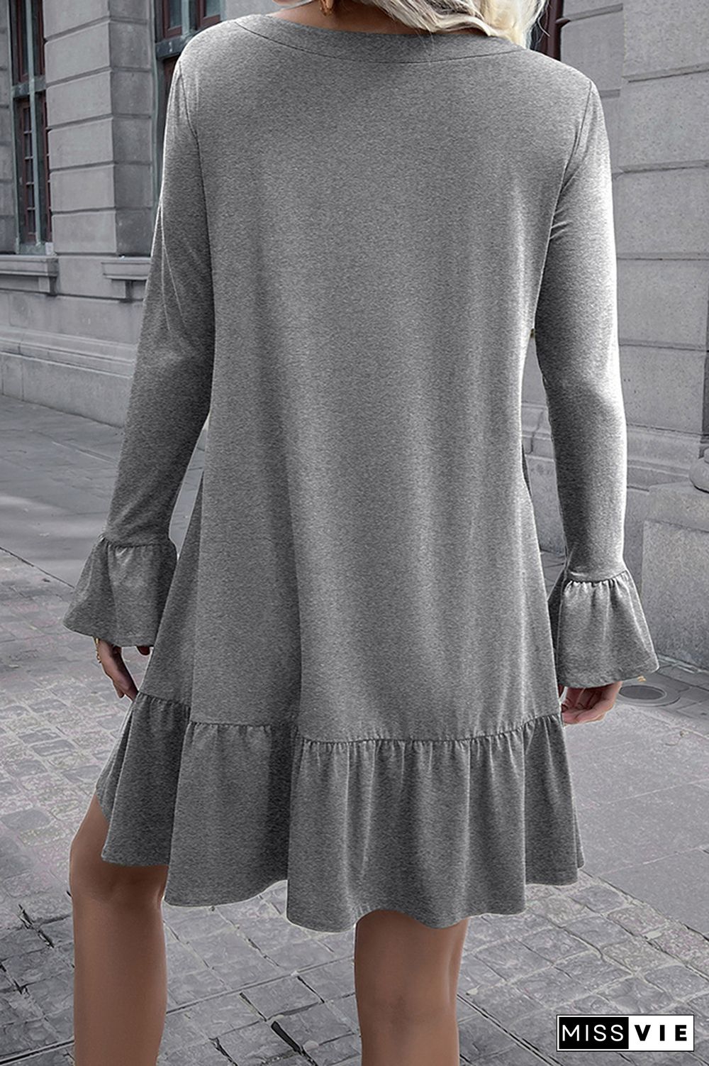 Long Sleeve V Neck Plain Ruffle Dress