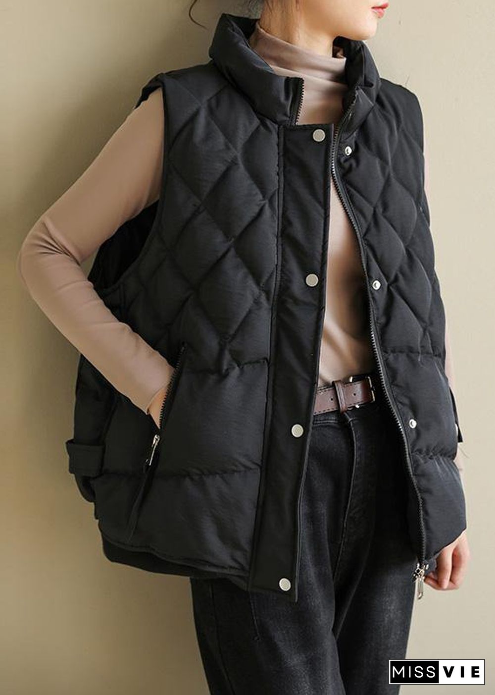 Casual black winter coats plus size clothing Jackets & Coats sleeveless half high neck overcoat