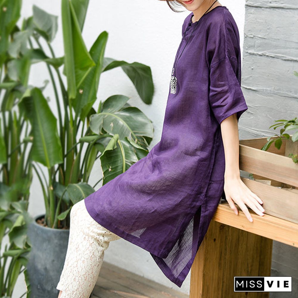 Elegant purple natural cotton linen dress oversize traveling clothing Fine short sleeve O neck a line skirts cotton linen dress