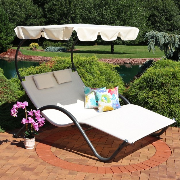 Sunnydaze Outdoor Double Chaise Lounge With Canopy Shade And Headrest Pillows Beige