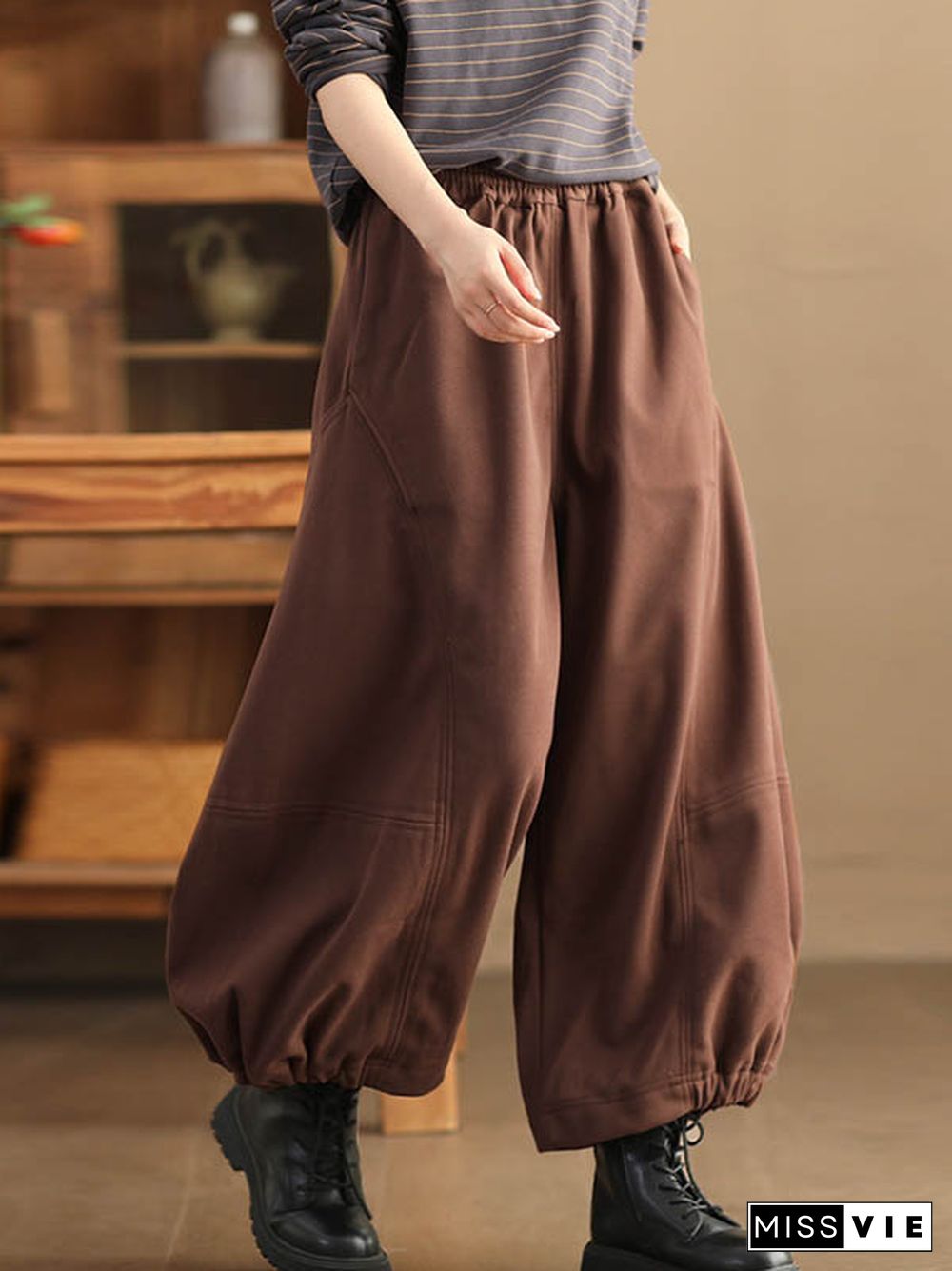 High Waisted Loose Drawstring Elasticity Pleated Solid Color Pants Trousers