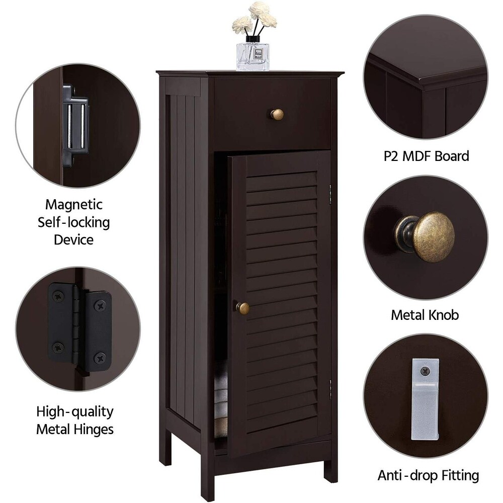 Bathroom Floor Storage Cabinet  Wooden Free Standing Storage Organizer Unit with Drawer and Door Cabinet  Tall Side Table