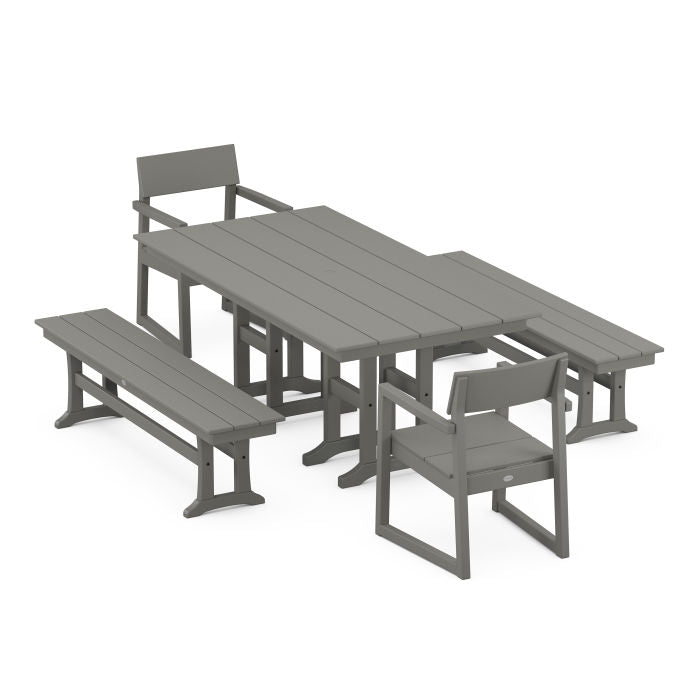 Polywood EDGE 5-Piece Farmhouse Dining Set with Benches PWS1177-1