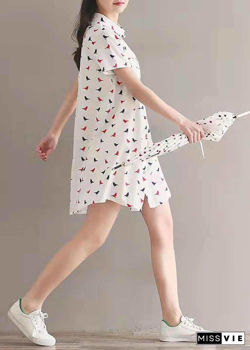 women prints linen dress casual lapel collar linen gown fine shirt dress