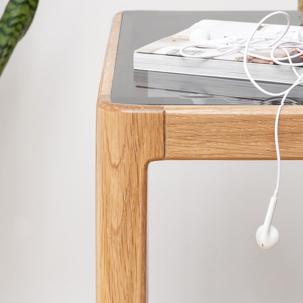 Natural Oak Wood End Table with Tempered Glass