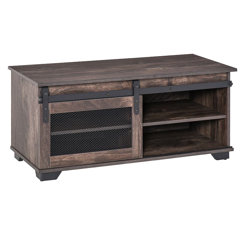 HOMCOM Farmhouse Coffee Table with Sliding Mesh Barn Door Storage Cabinet and Adjustable Shelves for Living Room Dark Brown