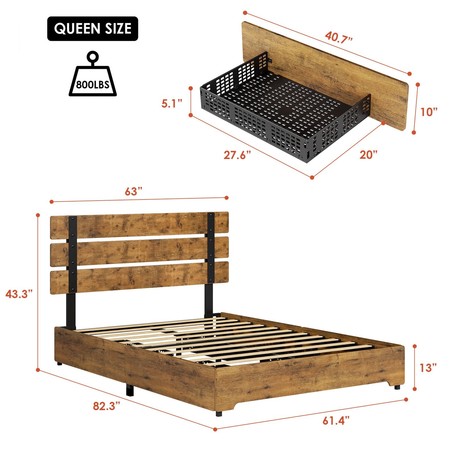 Homfa Queen Bed Frame with 4 Storage Drawers, Noise-Free Metal Platform Bed Frame with Industrial Headboard and Footboard, Rustic Brown