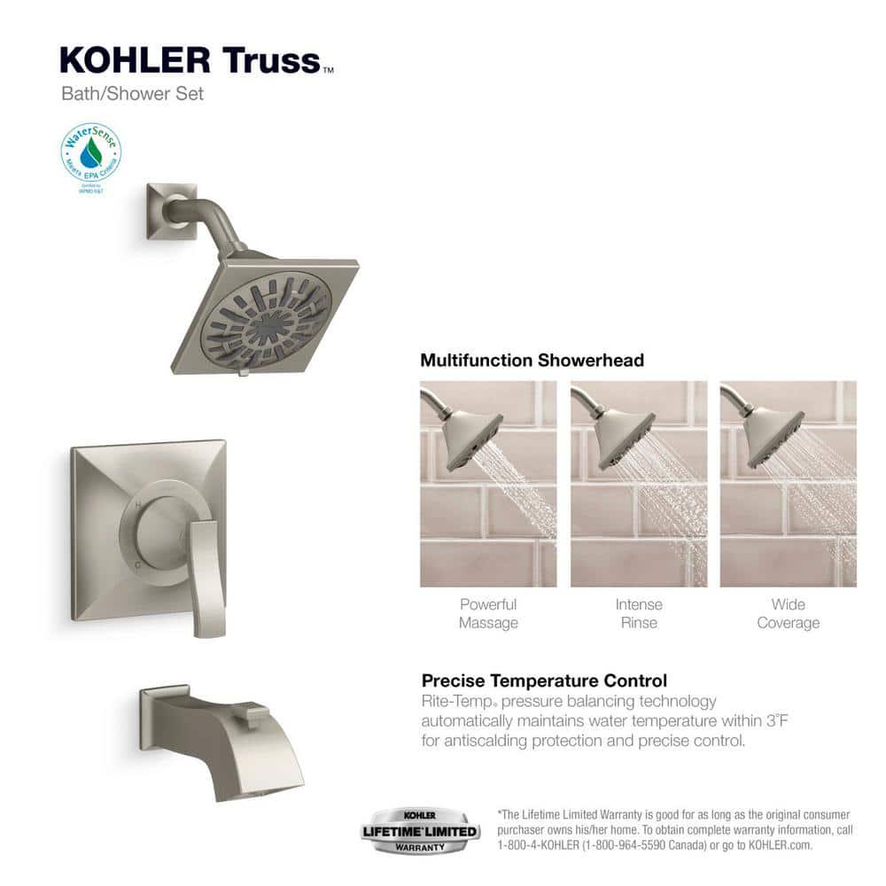 KOHLER Truss RiteTemp 1Handle 3Spray Tub and Shower Faucet in Vibrant Brushed Nickel