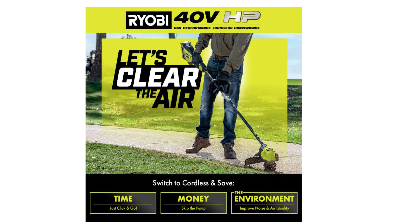 RYOBI RY40960VNM 40V HP Brushless 600 CFM 155 MPH Cordless Leaf Blower and Carbon Fiber String Trimmer with 4.0 Ah Battery and Charger