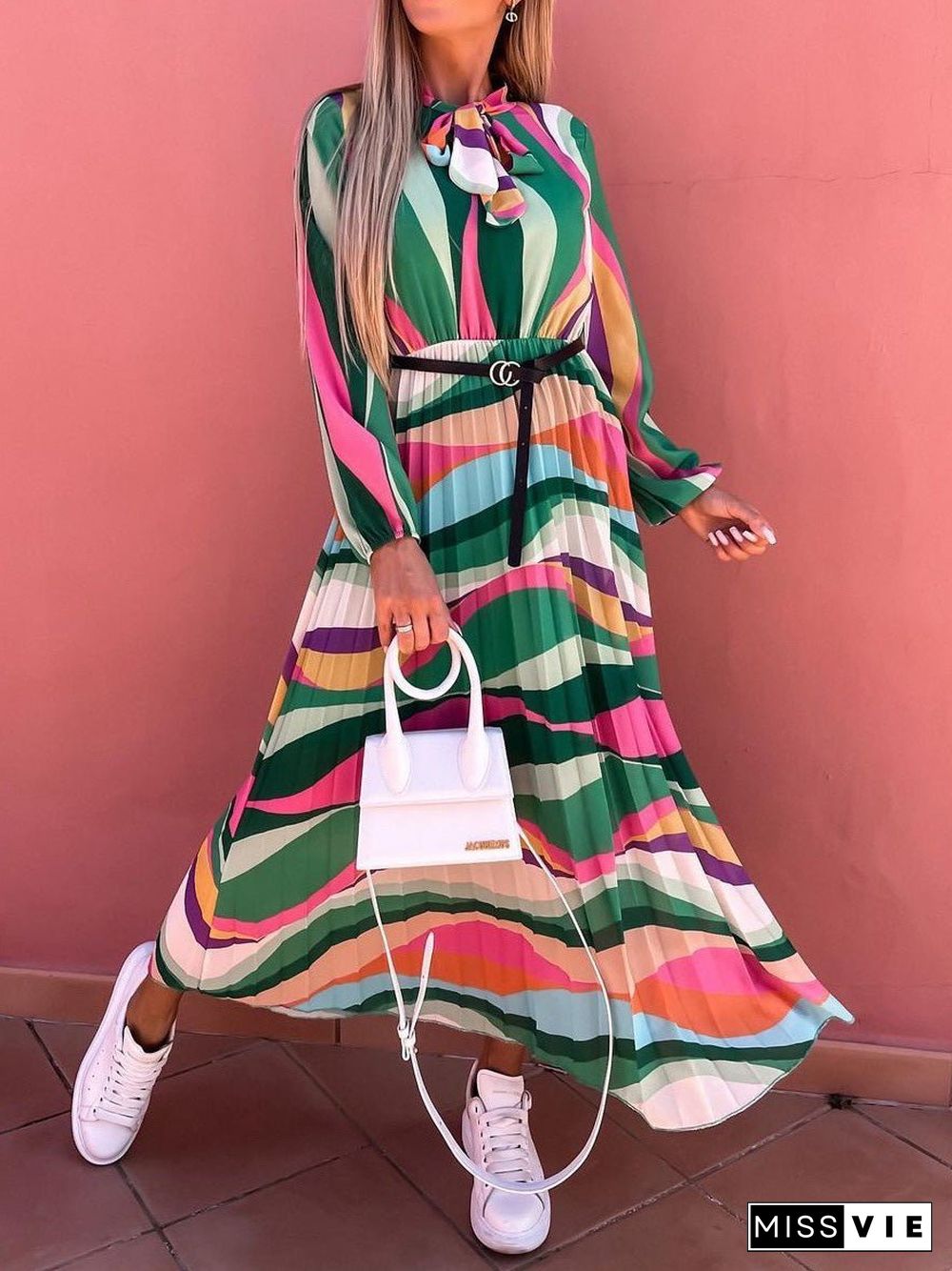 Women'S Dresses Rainbow Print Belt Long Sleeve Dress