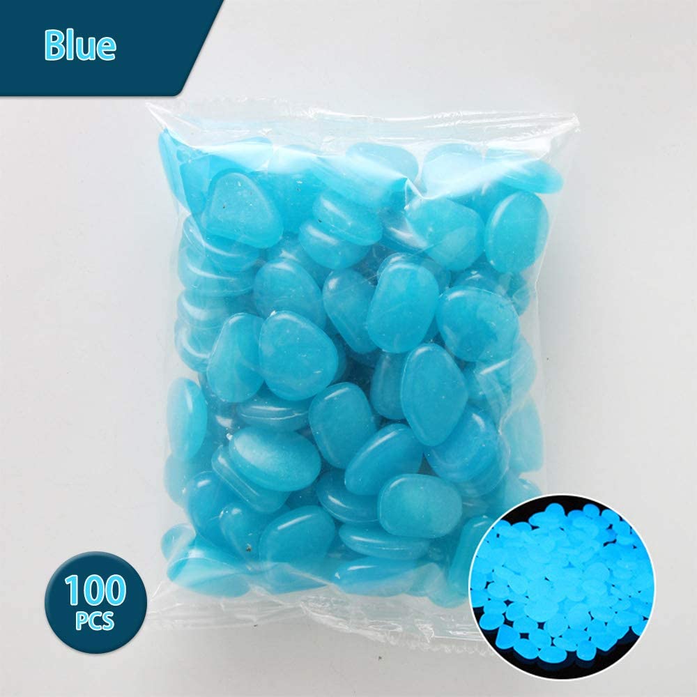 Baofu 100Pcs Luminous Stone Glow in The Dark Pebbles Rocks Decor for Walkway Yard Grass Fish Tank Light blue