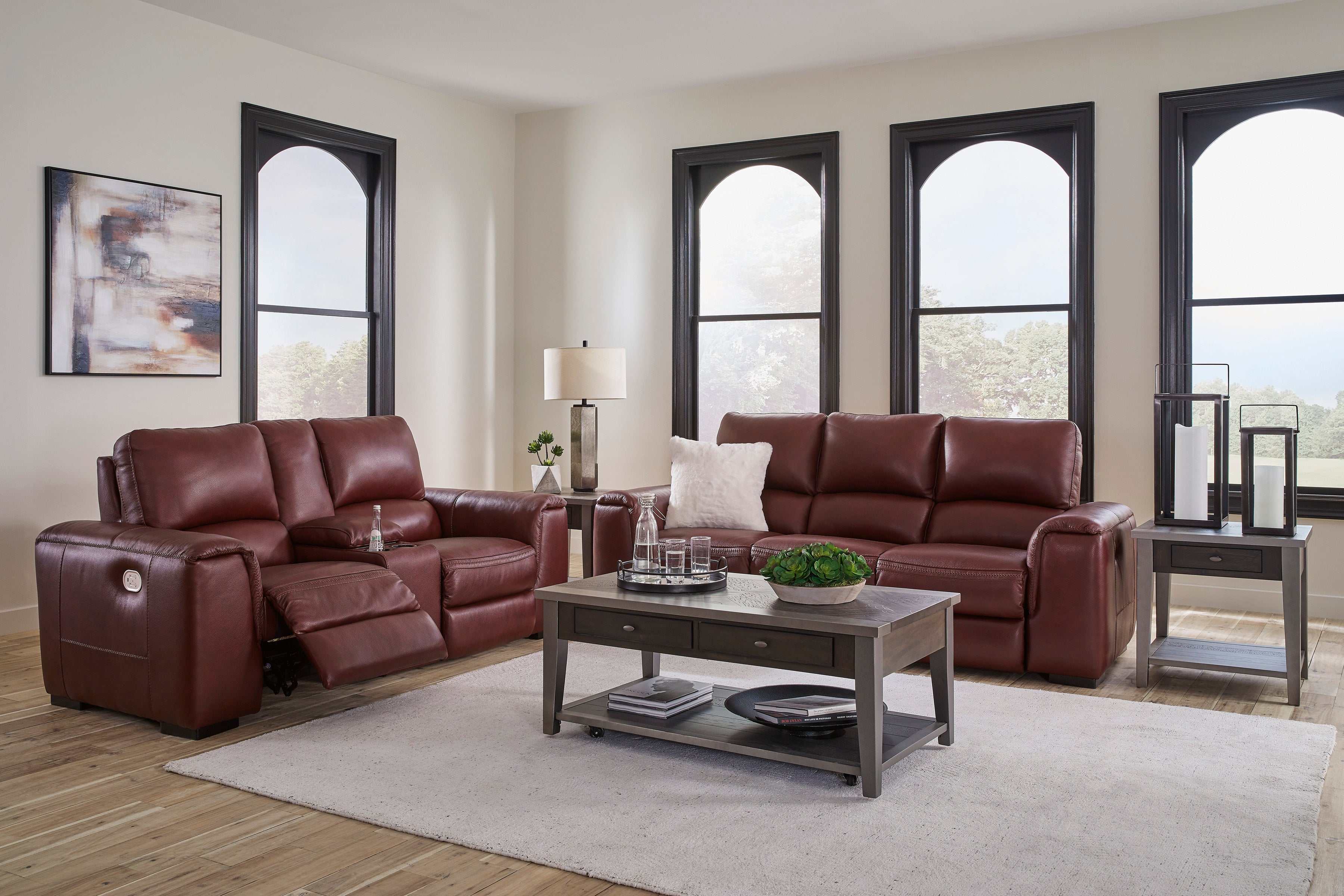 (Online Special Price) Alessandro Garnet Leather-Match Power Reclining Living Room Set / 2pc