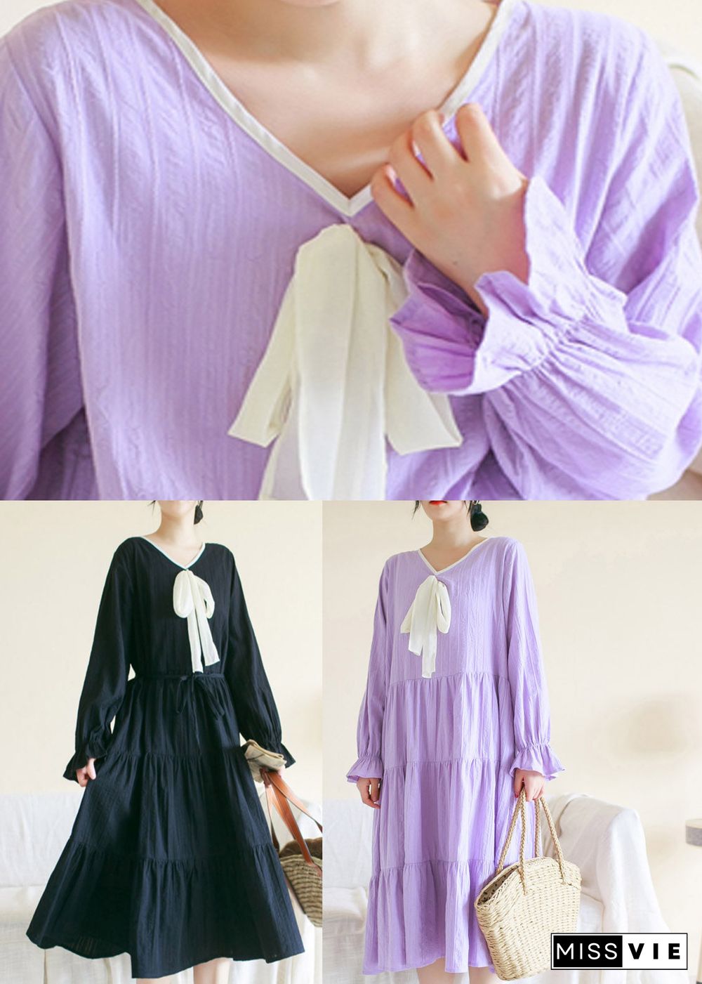 Casual Purple V Neck Patchwork Cotton Maxi Dress Long Sleeve