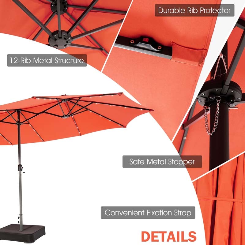 15 FT Double-Sided Patio Umbrella with 48 Solar Lights, Extra-Large Outdoor Twin Market Umbrella with Base