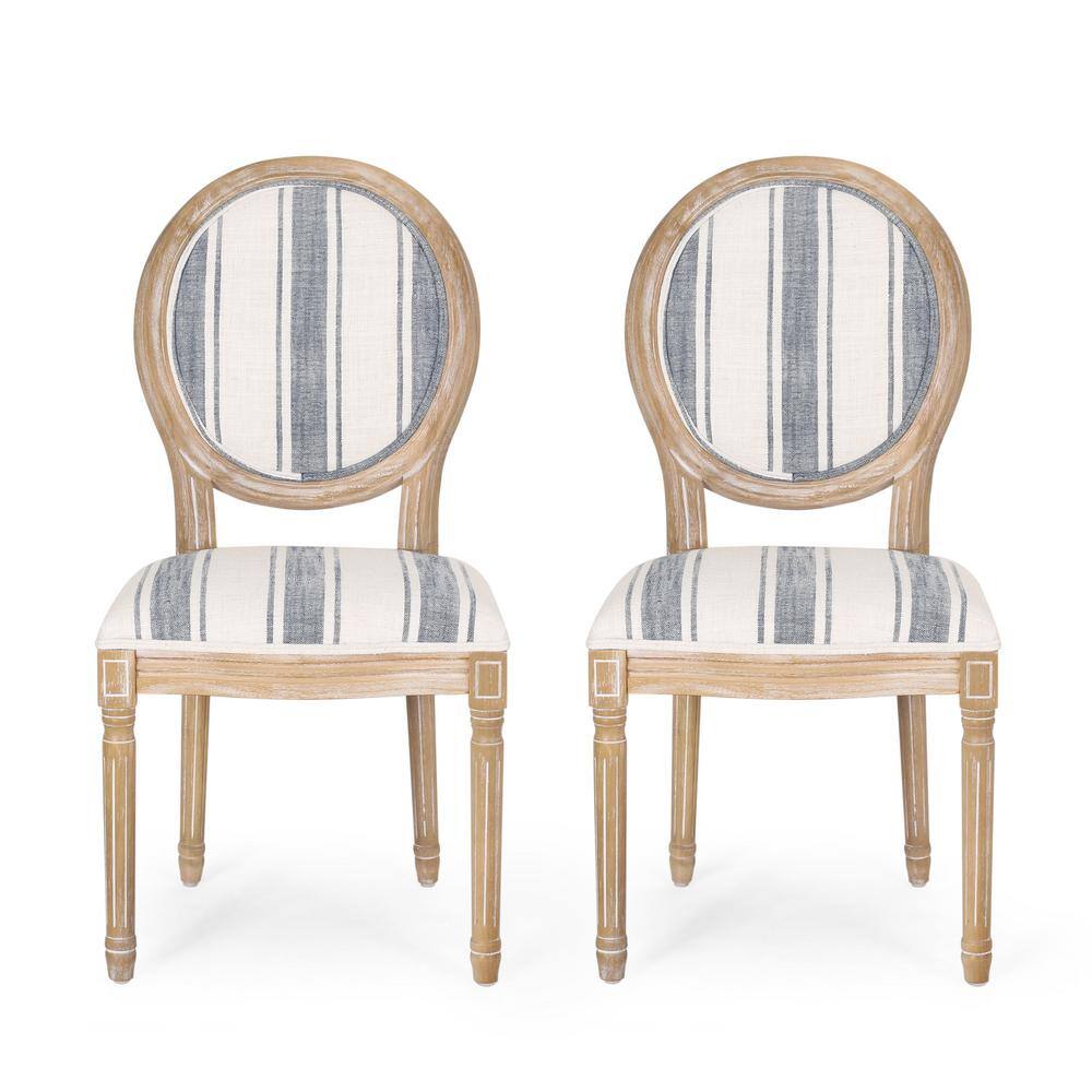 Noble House Karter Dark Blue Stripes and Light Beige Upholstered Dining Chair (Set of 2) 105393