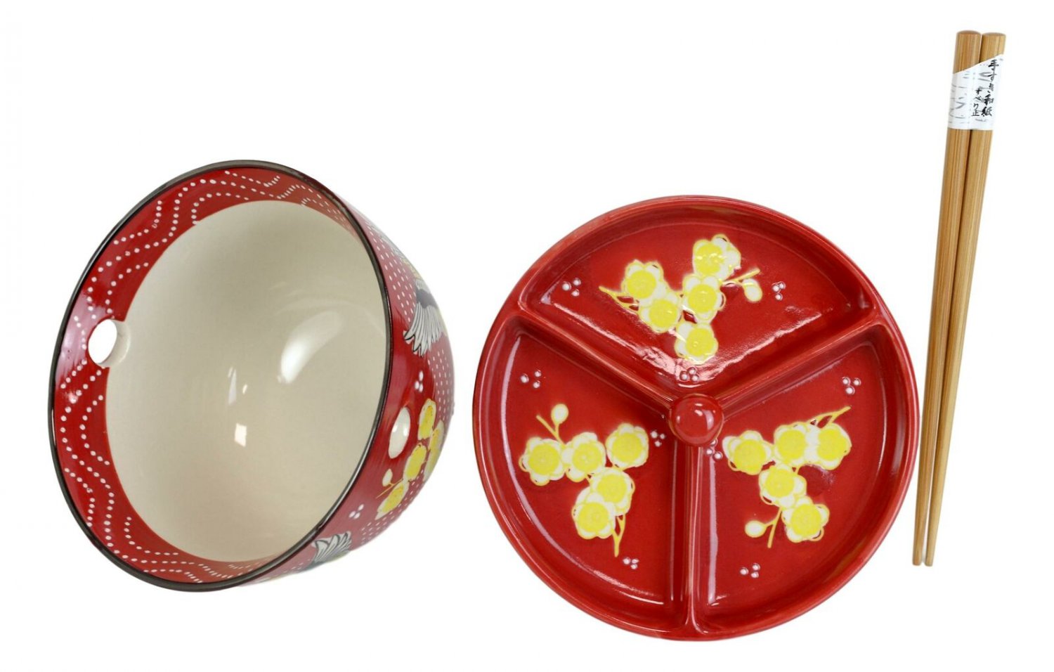 1 Red Flying Crane Ramen Bowl With Tempura Divider Condiment Lid Chopsticks Set EBR02